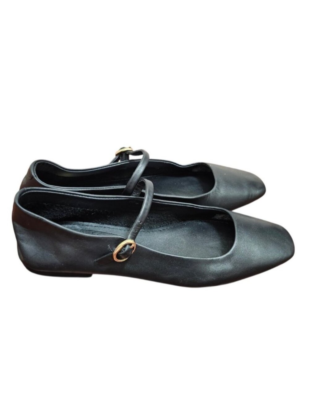 ZARA Black Leather Mary Jane Ballet Flats Women's EU 37 US 6.5 Buckle Square Toe - Picture 4 of 11